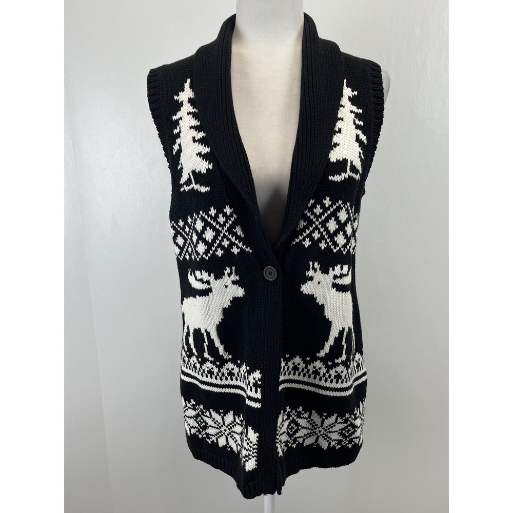 Coldwater Creek Fair Isle Reindeer Cardigan Sweater Vest Womens M Black White